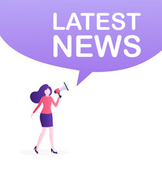 Latest news woman with megaphone. Vector design illustration. Breaking news headline template. Business concept.