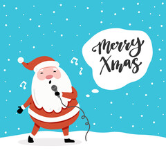 Christmas greeting card design with cartoon Santa Claus character, hand drawn design elements, lettering qoute Merry Xmas.