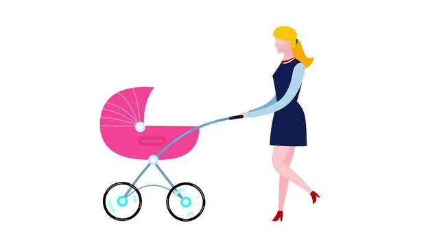 Cartoon businesswoman with baby buggy. Beautiful woman mother. Business people animated version. Business cartoon animations serie. Alpha channel, seamless loop.