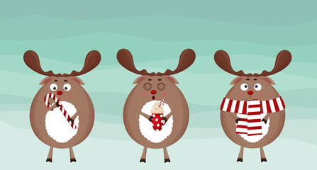 Christmas deer collection. Cute  Santa deers with hot chocolate mug, candy cane. Merry Christmas invitation card template. Funny cartoon reindeer red nose singing, hot winter drink with candy cane. 
