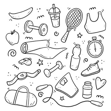 Hand drawn set of fitness, gym equipments, activity lifestyle concept. Doodle sketch style. Sport element drawn by digital brush-pen. Illustration for icon, frame, background.