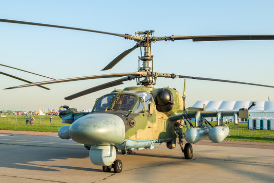 August 30, 2019. Zhukovsky, Russia. Russian reconnaissance and attack helicopter Kamov Ka-52 Alligator at the International Aviation and Space Salon MAKS 2019.