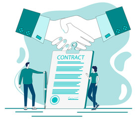 Contract conclusion.Handshake on the background of a signed contract.The concept of a contract, transaction, and business negotiations.Flat vector illustration.