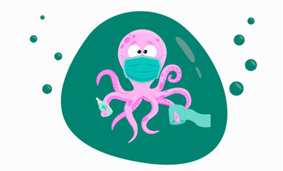 An octopus in a mask holding an antiseptic and toilet paper. Hand-drawn illustration on the topic of coronavirus.