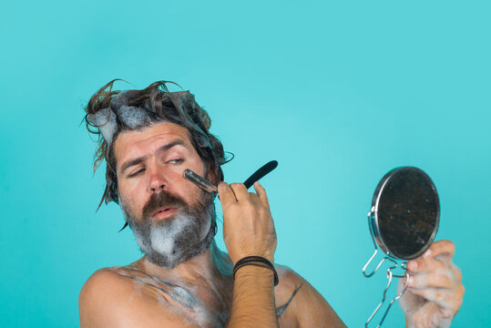 Bearded Man Shaving In Shower. Washing. Bearded Man Shave Beard. Beard Care. Spa. Take A Shower. Man With Razor. Portrait Of Shaving Man.