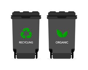 Different colored recycle waste bins vector illustration, Waste types segregation recycling.