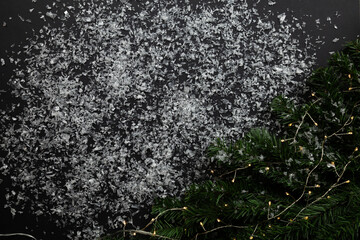 Christmas background Layflat. Red stars on black background, christmas decor, flatlay. Place for text, snow