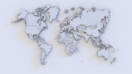 World map with raised continents and countries. Blue color. 3d rendering.
