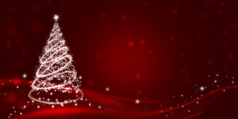 Christmas illustration with Magic Christmas Tree and small snowflakes on gradient background in red colors