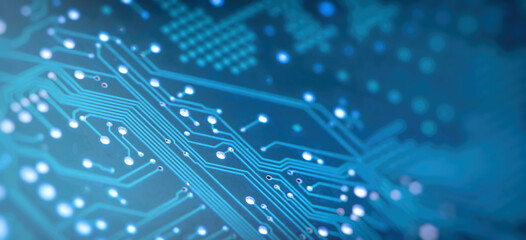 High Tech Circuit Board. Creative blurry blue circuit wallpaper. Technology and computing concept....