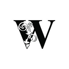 letter W. Vintage black flower ornament initial letters.  Alphabet. Logo vector 