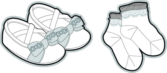 Newborn’s accessories collection socks and shoes, bibs basic set of technical sketches for babies