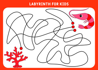 An educational maze game for preschool children. Help the hrimp find his way to coral. Worksheet. Labyrinth for children. Vector illustration of a labyrinth, labyrinth with entrance and exit