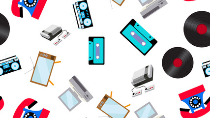 The texture is a seamless pattern of old vintage retro electronics technology from televisions, cassette tape recorders, vinyl records, computers, game consoles, phones from the 70's, 80's, 90's