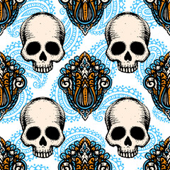 Ethnic seamless pattern with hand drawn skulls. Great for printing on fabric, paper, wallpaper and other surfaces.