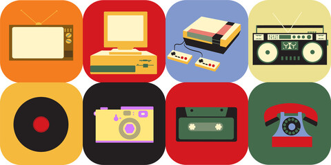 A set of icons of old vintage retro electronics, a kinescope TV, a cassette tape recorder, a vinyl record, a computer, a game console, a telephone, a photoapat from the 70s, 80s, and 90s