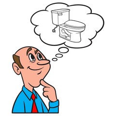 Thinking about a Toilet - A cartoon illustration of a man thinking about a Toilet.