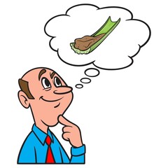 Thinking about Peanut Butter and Celery - A cartoon illustration of a man thinking about eating Peanut Butter on a Celery stick.