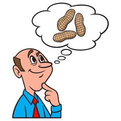 Thinking about Peanuts - A cartoon illustration of a man thinking about eating Peanuts. 
