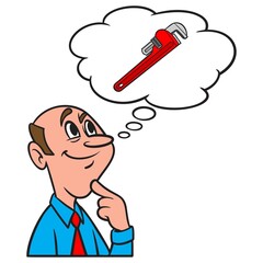 Thinking about  a Pipe Wrench - A cartoon illustration of a man thinking about a Pipe Wrench.