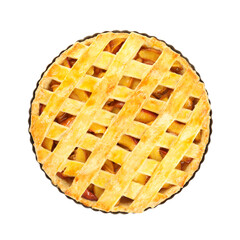 Delicious fresh peach pie isolated on white, top view