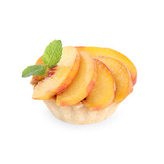 Delicious dessert with peach slices isolated on white