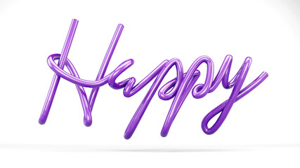 Text written Happy. In purple color. Happy template written in handwritten font in 3d render.