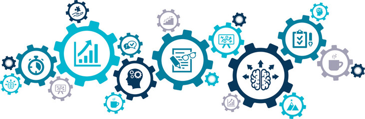 productivity vector illustration. Concept with connected icons related to efficiency, work and workflow improvement or optimization, increase in output or getting things done.