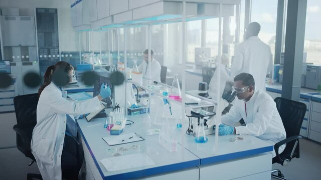 Modern Medical Research Laboratory: Team of Scientists Working with Pipette, Analysing Biochemicals Samples, Talking. Scientific Lab for Medicine, Microbiology Development. Advanced Equipment