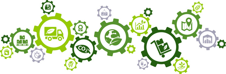 green logistics and supply chain vector illustration. Concept with connected icons related to sustainable transport, eco-friendly distribution or shipping, smart solutions for cargo & import / export.