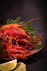 Crayfish boiled on a dish with dill spices and lemon.