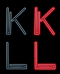 Alphabet made with neon lit letters. Letters K, L, with light on and off. 3D render on black background. Template gif ease.
