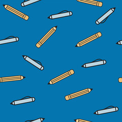 Pen and pencil on blue background, school and office supplies, seamless pattern, vector