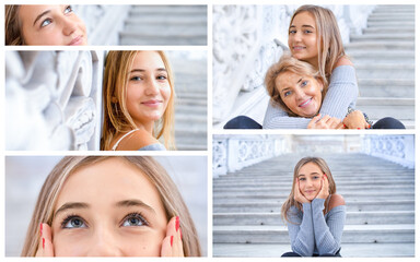 Collage wiht blonde teen girl walking in the city, visit a museum to admire and contemplate architecture and art