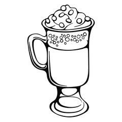 Hand drawn vector of christmas and winter drink isolated on white. Christmas cocoa with cream for festive design and holiday decoration.