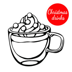 Hand drawn vector of christmas and winter drink isolated on white. Christmas cocoa with cream for festive design and holiday decoration.
