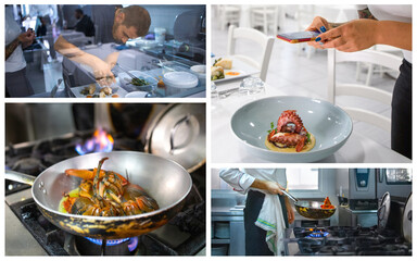 Collage of fish dishes served at the restaurant and the young chef who is cooking.