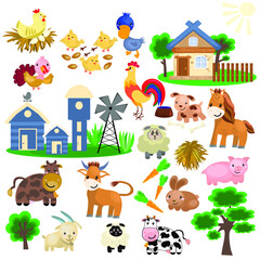 A vector set with farm cute animals, houses and plants. Vector illustration in a flat style for children’s books, magazines, brochures, apparel, stationery. 