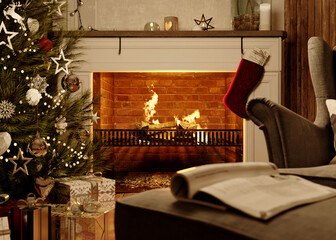 Christmas living room with a tree and fireplace. 3d rendering