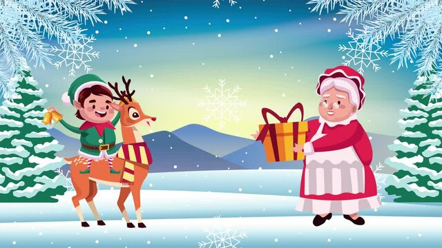 happy merry christmas card with santa wife and elf in deer