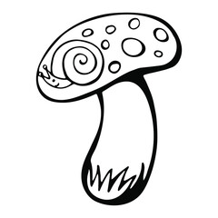 Hand drawn funny mushroom with snail. Black and white drawing vector. Cute illustration for coloring books and pages.
