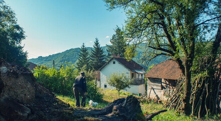 An old man is enjoying in his yard with his maltese dog, beautiful scenery up in the hills, early morning walk, sunny day