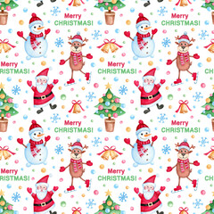 Hand drawn Christmas and New Year seamless pattern with watercolor cartoon characters, lettering and confetti. Bright festive background.