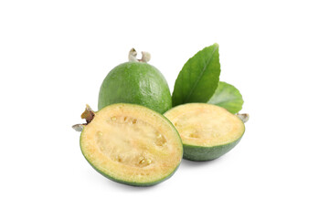 Whole and cut feijoa fruits on white background