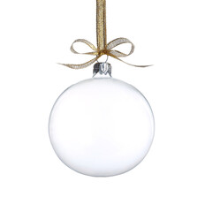 Transparent glass Christmas ball with golden ribbon and bow isolated on white