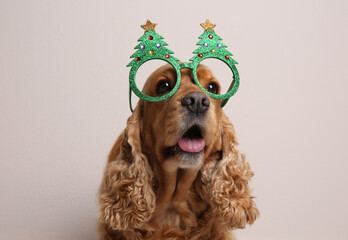 Adorable Cocker Spaniel dog in party glasses on light background