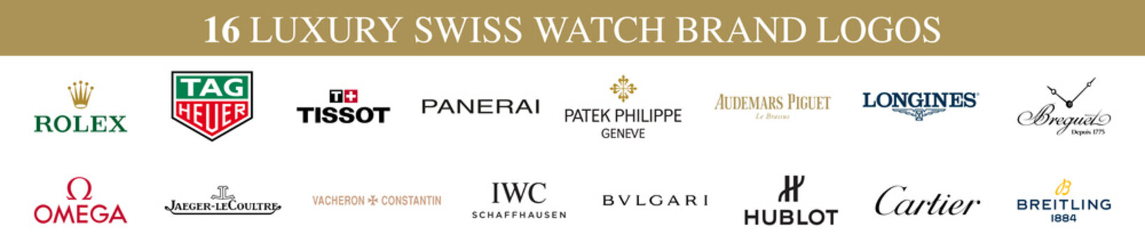 Vector logos of 16 luxury Swiss watch brands. Rolex, Tag Heuer, Tissot, Panerai, Patek Philippe, Audemars Piguet, Longines, Breguet, Omega, Jaeger-LeCoultre, Vacheron Constantin, IWC, Bulgari, etc.
