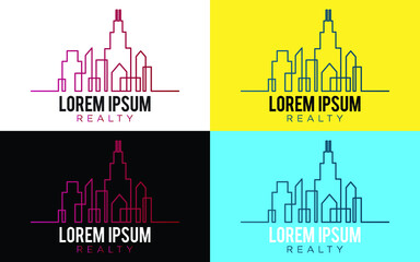 Realty logo with skyline illustration.