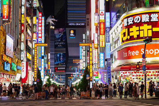 Shinjuku, Tokyo, Japan-September 1, 2019: GODZILLA ROAD: Night view of GODZILLA ROAD in KABUKI Cho	