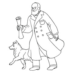 Heraldry. Hand drawn black and white walking man with dog vector image. For coloring books and pages.